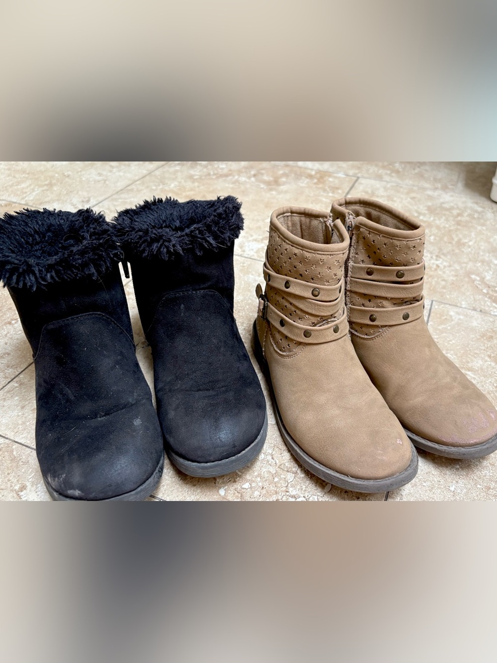 Girls size 13 Tan Ankle Boots with Star Cutouts and black fur boots